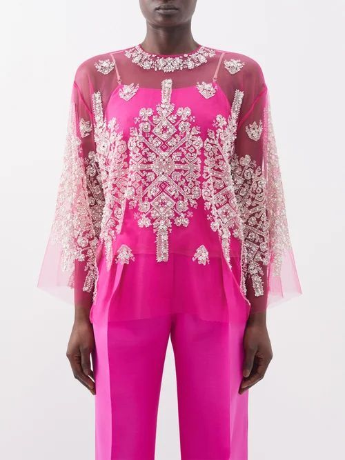 Safira Bead-embroidered Sheer Tulle Blouse - Womens - Pink