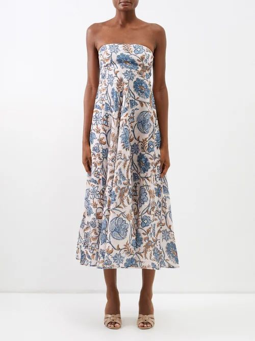 Vitali-print Bandeau-neck Linen Dress - Womens - Blue Multi