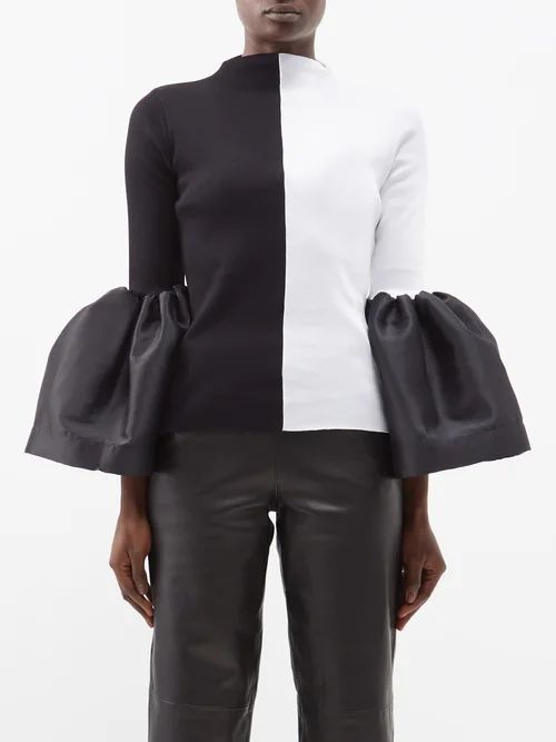 Bi-colour Puff-sleeve Organic Cotton-blend Top - Womens - Black White