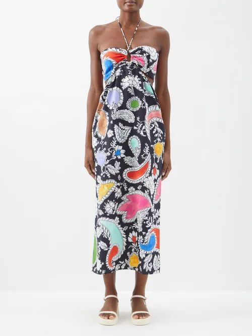 Laila Paisley-print Organic-cotton Dress - Womens - Black Multi