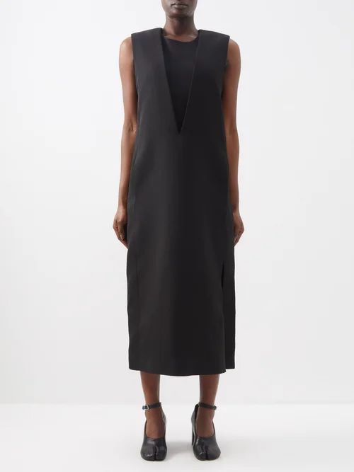 V-neck Overlay Side-slit Midi Dress - Womens - Black