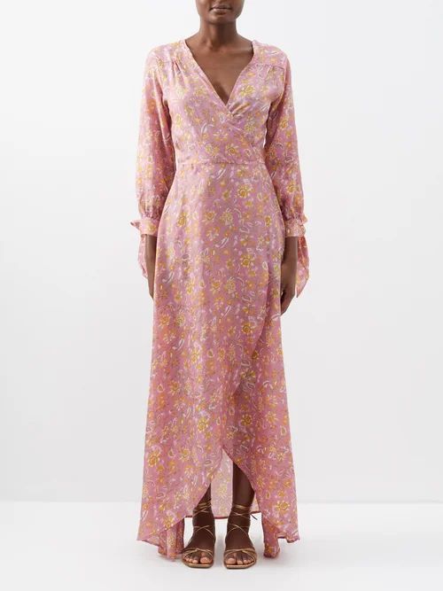 Luna Hand-block Print Silk-habotai Maxi Dress - Womens - Pink Multi