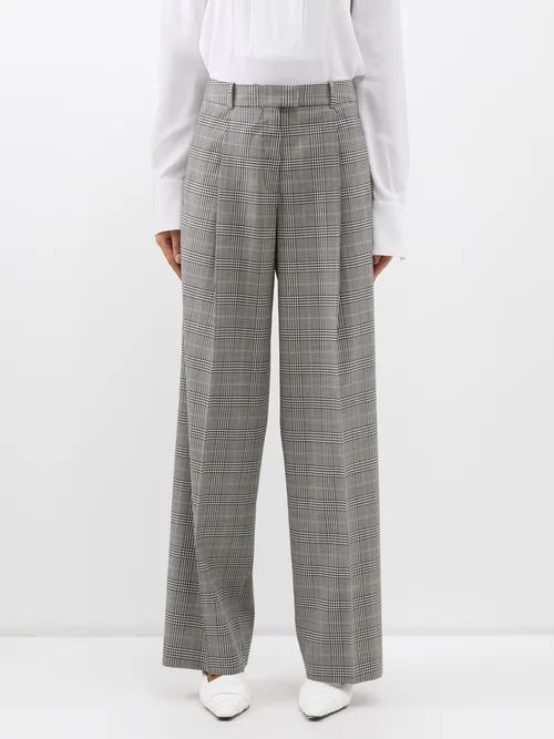 Pleated Checked Wool-blend Wide-leg Trousers - Womens - Black White