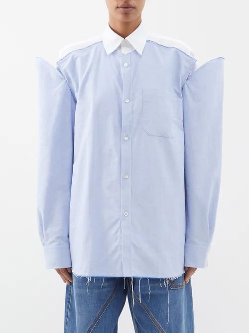 Double Layered Raw-cut Cotton Shirt - Womens - Blue White