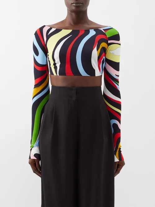 Marmo-print Open-back Jersey Cropped Top - Womens - Black Multi
