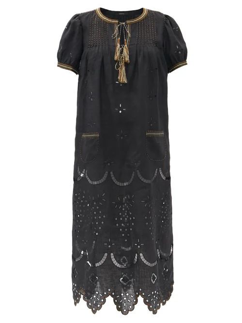 Veronica Tassel-neck Embroidered Linen Midi Dress - Womens - Black