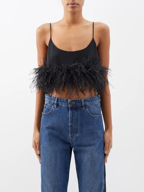 Feather-trim Stretch-cady Cropped Top - Womens - Black