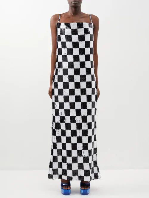 Square-neck Sequinned Maxi Dress - Womens - Black White