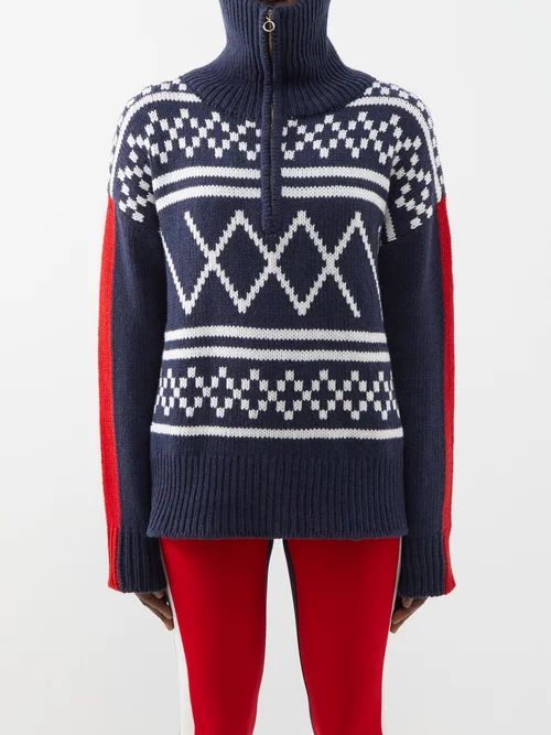 Setesdal Patterned Zipped Merino-blend Sweater - Womens - Navy Multi