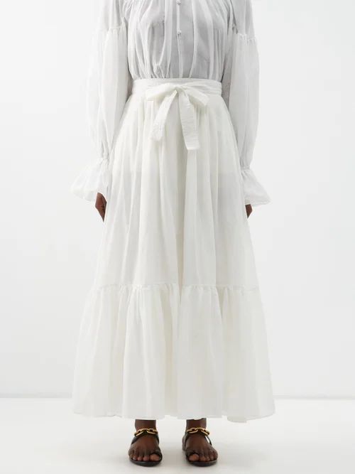 Drawstring-waist Tiered Midi Skirt - Womens - White