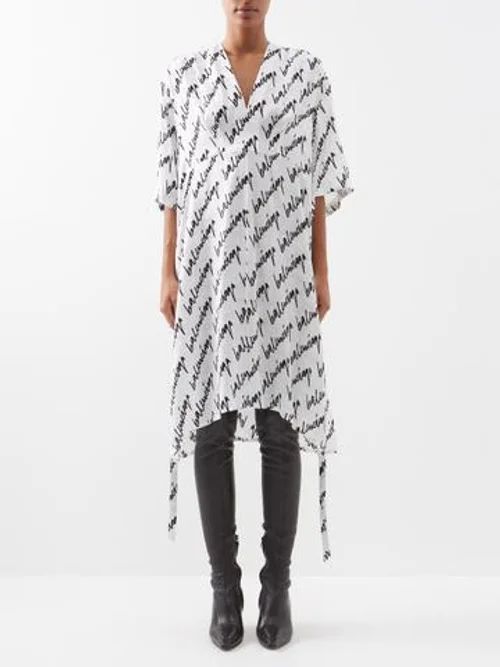 Scribble-print Logo-jacquard Silk Dress - Womens - Black White