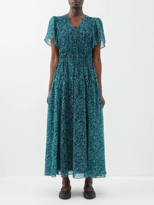 Eleanore Squiggle-print Georgette Dress - Womens - Dark Green Multi