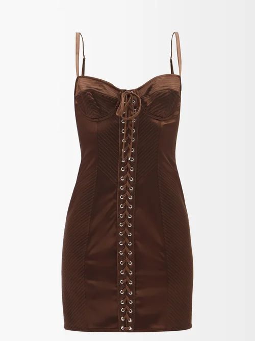 Lace-up Corset Satin Mini Dress - Womens - Dark Brown