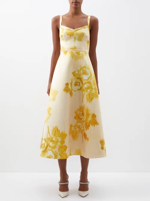 Elvite Rose-print Satin Midi Dress - Womens - Yellow Print
