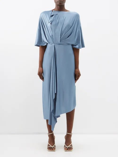 Gathered Satin Midi Dress - Womens - Blue Grey