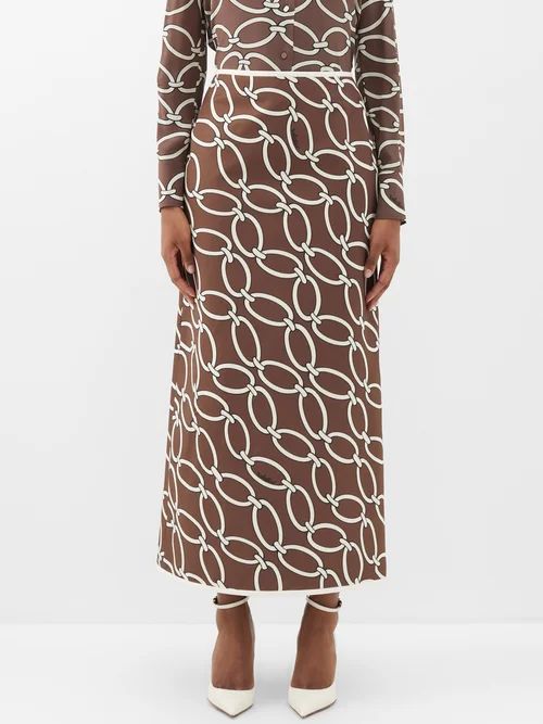 Chain-print Wool-blend Maxi Skirt - Womens - Brown White
