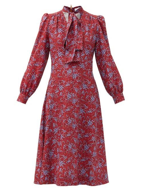Pussy-bow Floral-print Crepe Midi Dress - Womens - Red Print