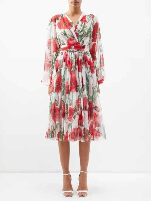 Happy Garden Poppy-print Silk-chiffon Midi Dress - Womens - Red Print