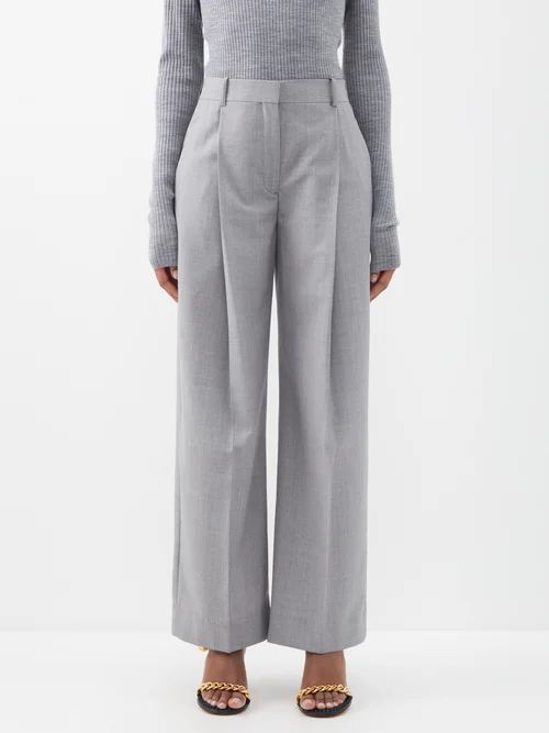 Pleated Wide-leg Wool Trousers - Womens - Grey
