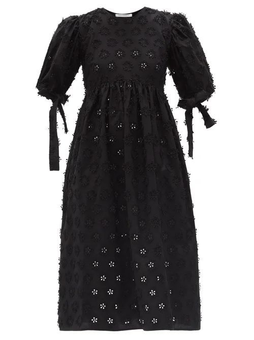 Hailey Flower-appliqué Cotton-blend Midi Dress - Womens - Black