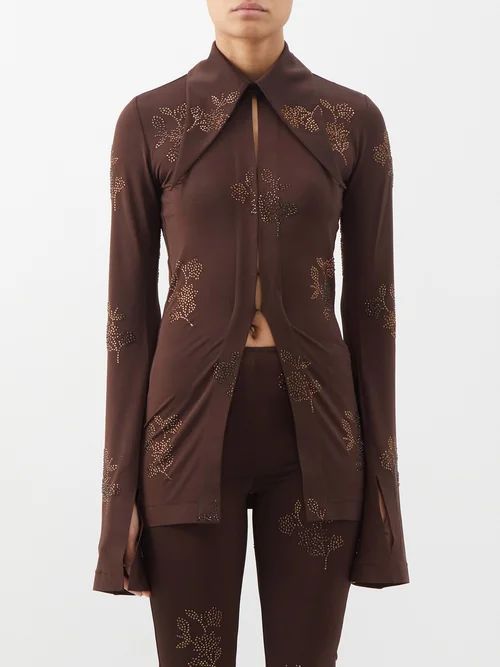 Opala Spearpoint-collar Crystal Jersey Shirt - Womens - Brown Multi
