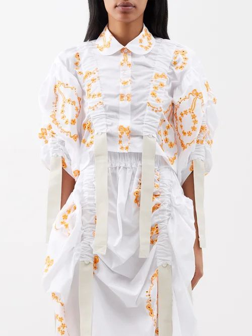Floral-embroidered Ruched Cotton-poplin Blouse - Womens - Orange White