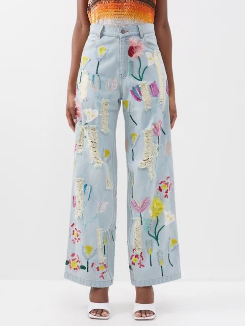 Distressed Floral-embroidered Wide-leg Jeans - Womens - Multi