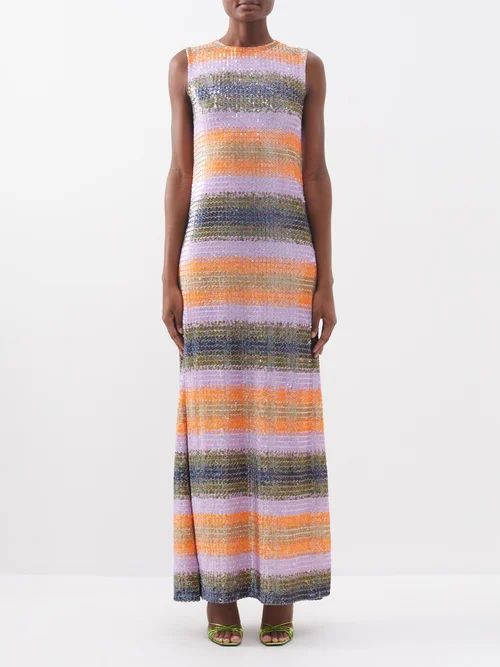 Striped Sequinned-cotton Sleeveless Gown - Womens - Orange Multi