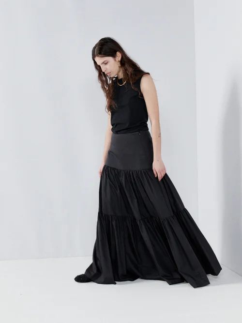 Giant-tiered Cotton And Silk Blend Maxi Skirt - Womens - Black