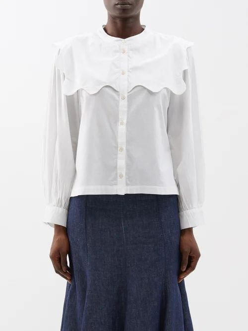 Leona Scallop-trim Cotton Blouse - Womens - White