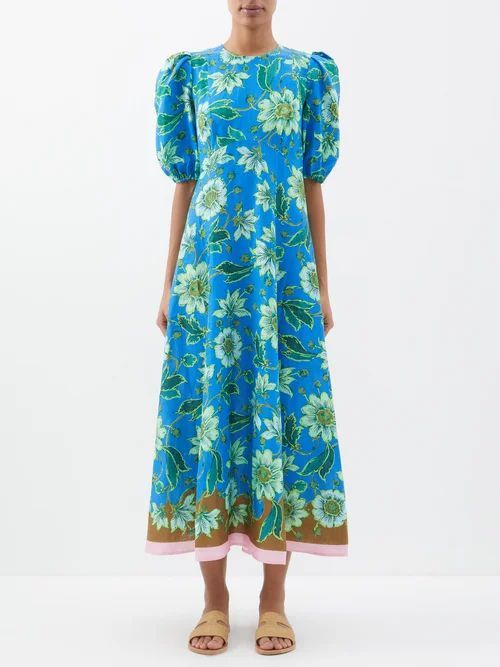 Winnie Floral-print Linen Dress - Womens - Cobalt Blue