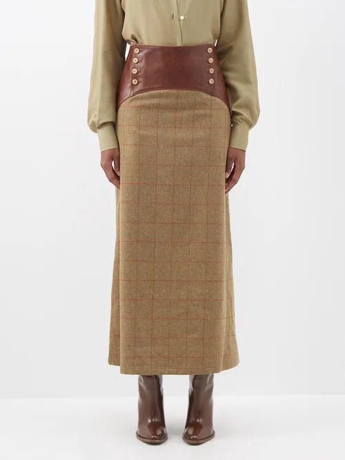 The Luisa Leather-panel Checked Wool Midi Skirt - Womens - Khaki