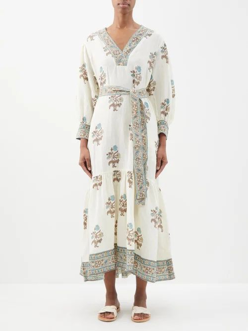 Kiya Printed Linen Dress - Womens - Ivory Multi