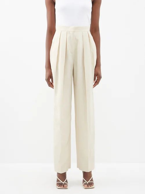 High-rise Pleated Technical Relaxed-leg Trousers - Womens - Cream