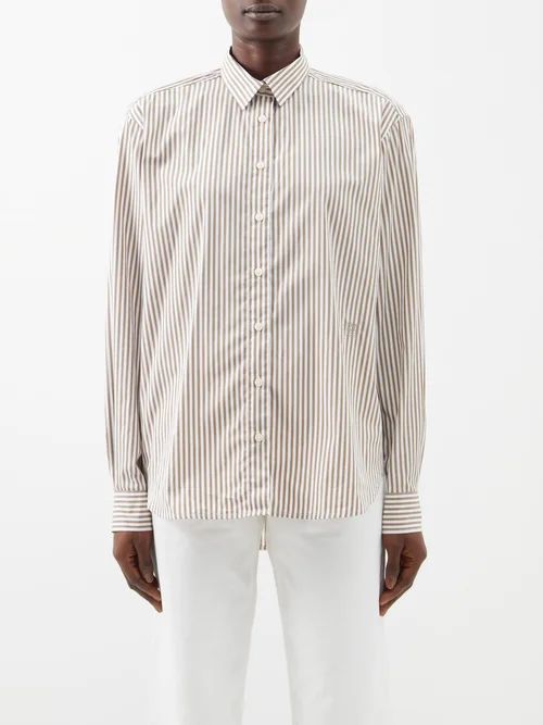 Point-collar Striped Organic-cotton Poplin Shirt - Womens - Dark Taupe