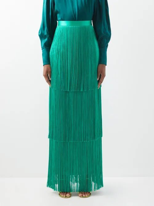 Fringed Tiered Silk-satin Maxi Skirt - Womens - Green
