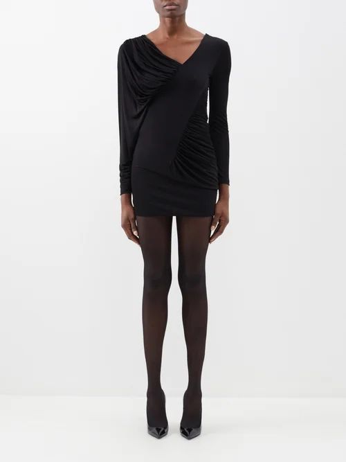 Asymmetric Ruched Jersey Mini Dress - Womens - Black