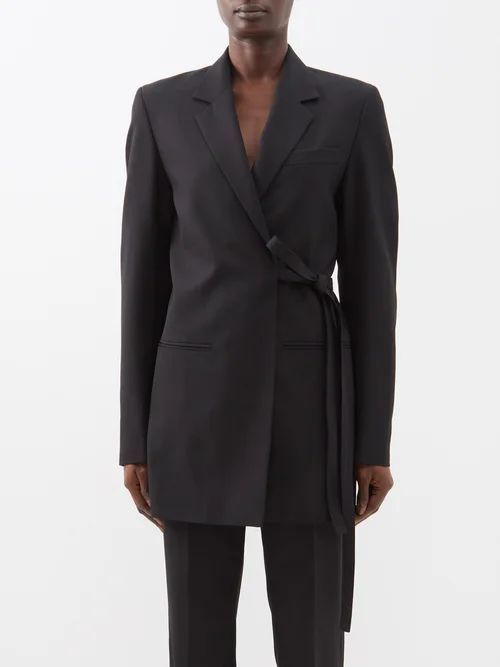 Oblique-front Belted Crepe Blazer - Womens - Black