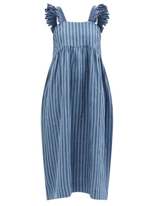 Iris Hand-smocked Striped Linen Midi Dress - Womens - Blue Multi