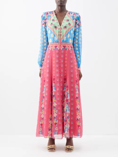 Annabel Floral-print Silk Midi Dress - Womens - Blue Pink