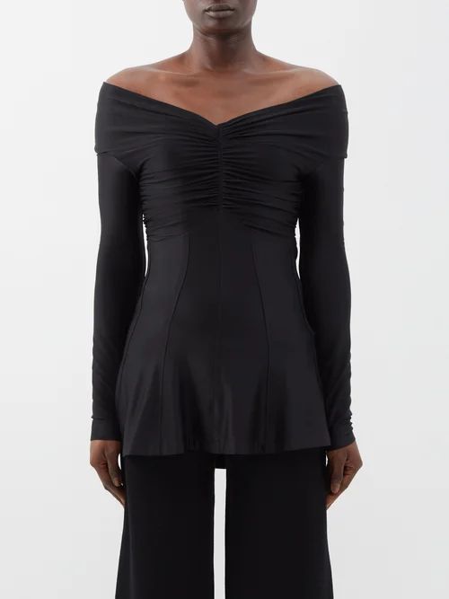 Off-the-shoulder Ruched-jersey Top - Womens - Black