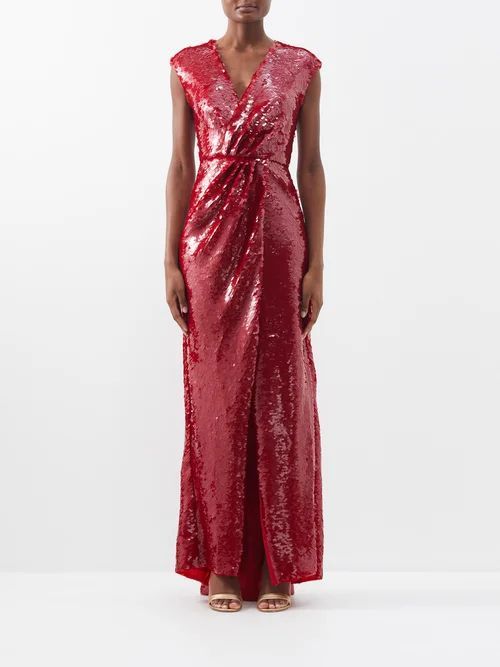 V-neck Sequinned-tulle Gown - Womens - Red