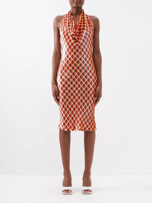 Check Sequinned-georgette Midi Dress - Womens - Terracotta Multi