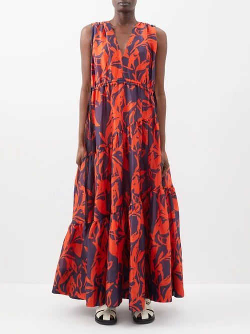 Nellie Printed Linen-blend Maxi Dress - Womens - Red Navy
