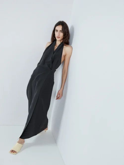 Wrap Linen And Silk-blend Halter Dress - Womens - Black