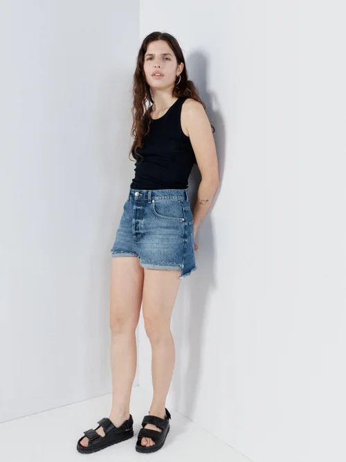 Clip Organic Cotton-blend Frayed-hem Shorts - Womens - Dark Indigo