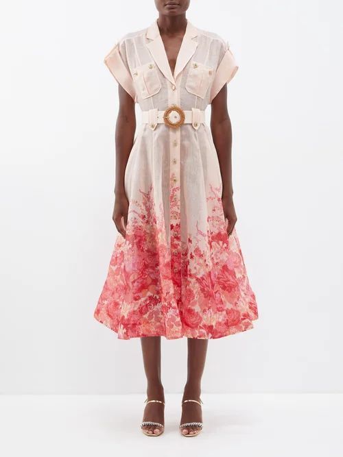High Tide Belted Floral-print Shirt Dress - Womens - Pink Print