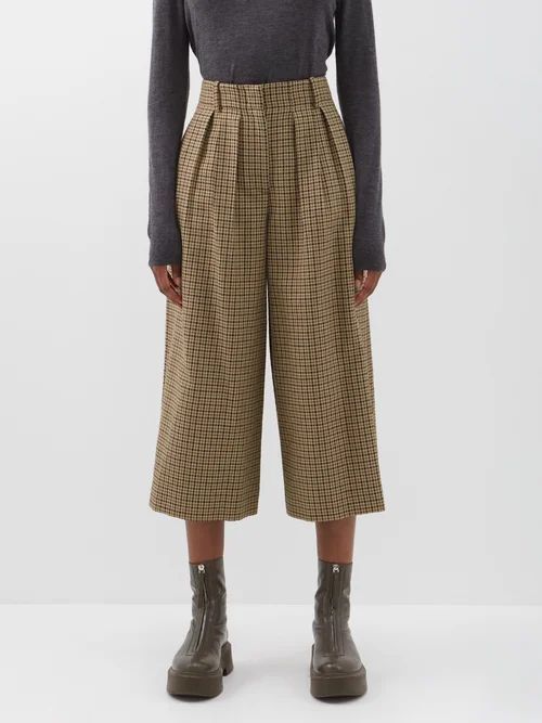 Cropped Houndstooth Wool-blend Trousers - Womens - Camel