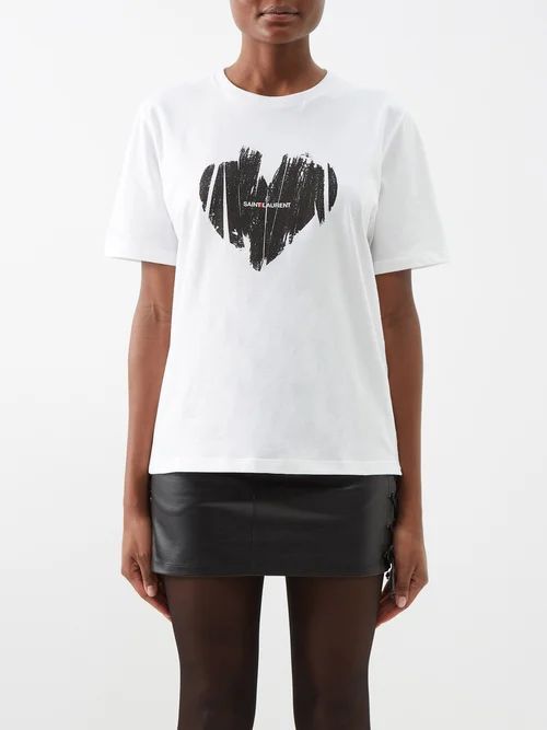 Heart-print Cotton-jersey T-shirt - Womens - White