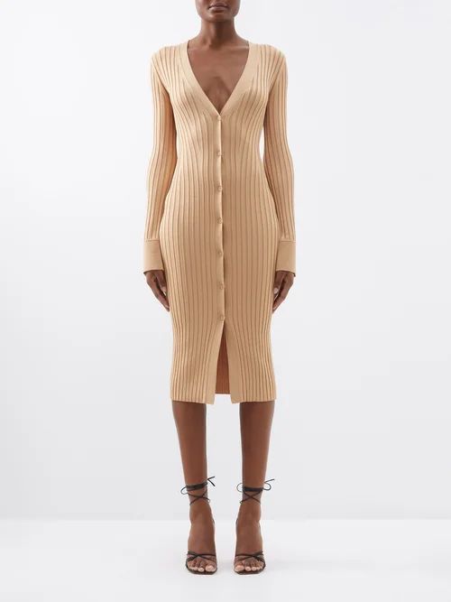 Rhea Buttoned Metallic-knit Midi Dress - Womens - Beige Gold